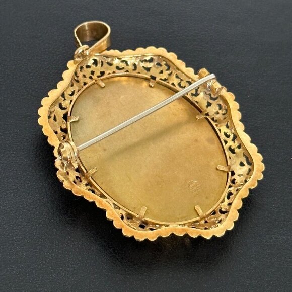 18K Yellow Gold Antique Intricate Filigree Diamond Portrait Cameo Pin Pendant - Picture 5 of 15